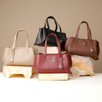 four-group-satchel-handbag-solene-leather-tosca-red-black-palisander-brown-arena-beige-front-side-view