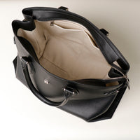 Interior of black Saule Tote – premium microsuede lining and interior pockets for organization