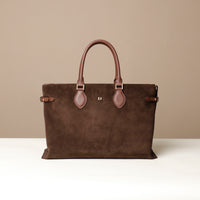 Brown suede leather danilos tote bag on a beige background