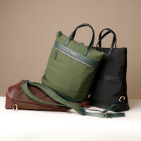 three-messenger-crossbodybag-ballistic-nylon-leather-details-transiktrek-green-brown-black-front-view