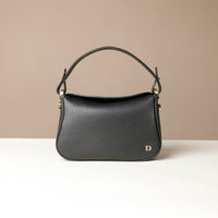 Satchel hold bag in leather, shown in black, front view