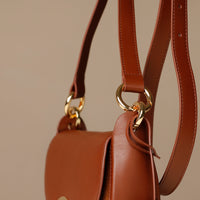Brown Danilos leather handbag with gold hardware on a beige background