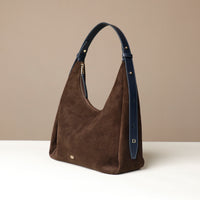 Handbags top-handle tote, Mia Minimale, suede leather, brown, lateral front view